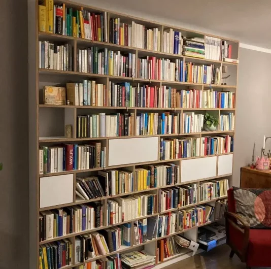 Bücherregal mit Türen eingeräumt
